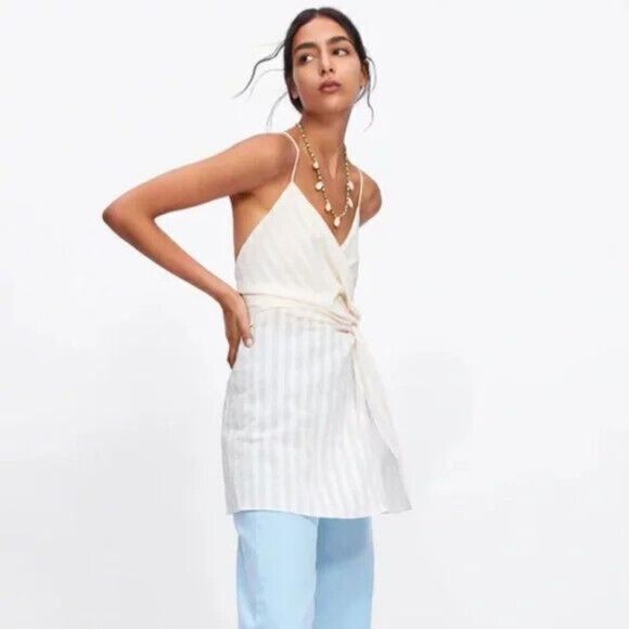 Zara Blogger Fave Cream Striped Knot Front Spaghetti Strap Tunic Dress Size XS - Picture 12 of 12